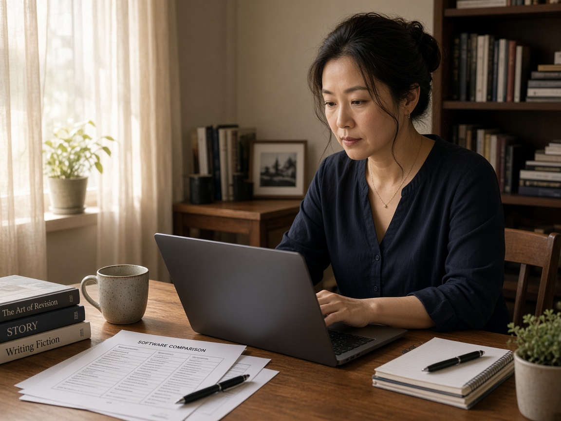 The author at work in a home study: laptop, software comparison notes, and books