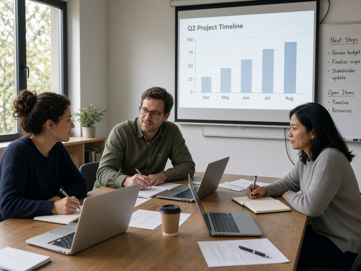 A meeting with a presentation on screen and laptops on the table