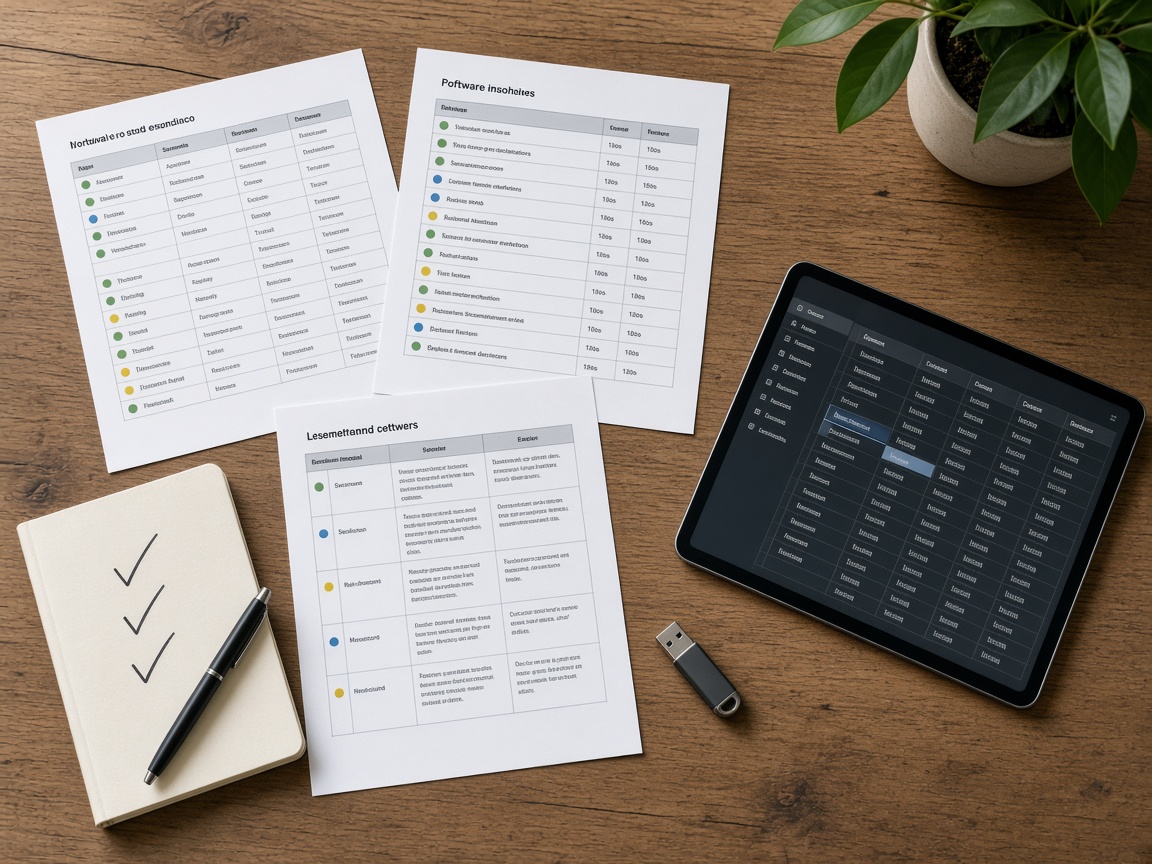 Overhead view of a table with printed software comparison sheets, a tablet, and a notebook