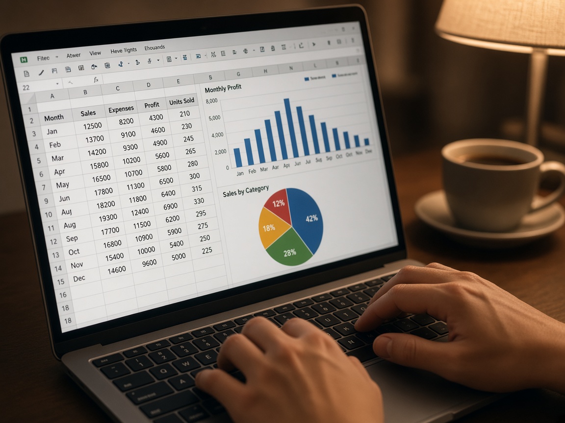 Working with a spreadsheet and charts on a laptop