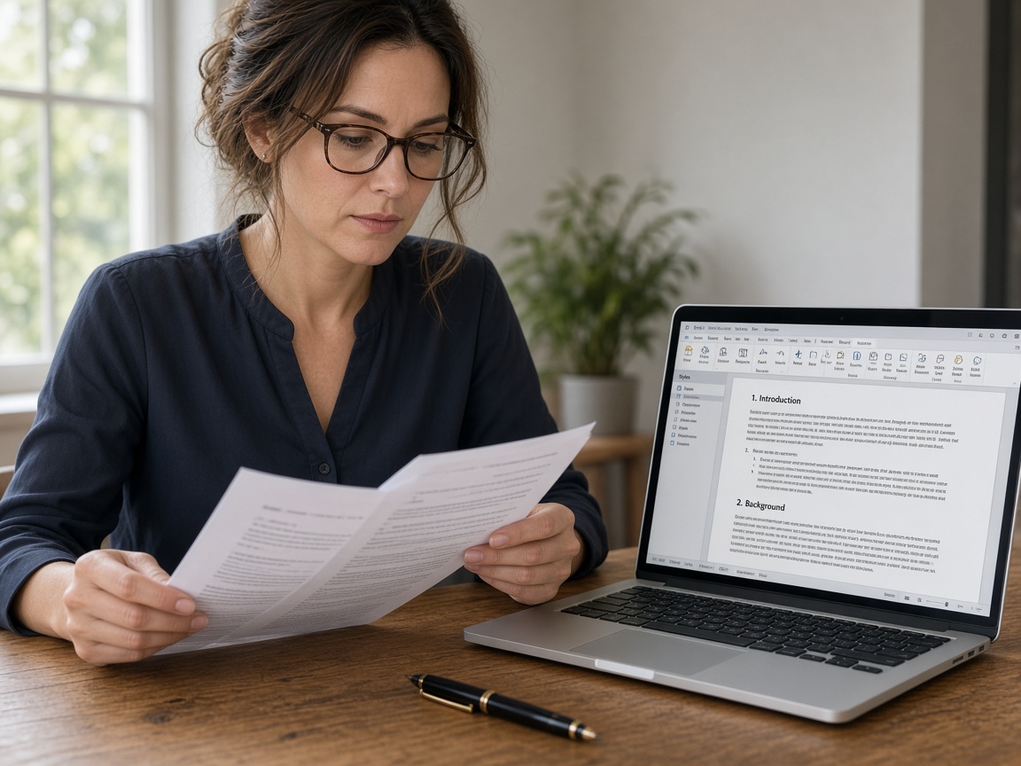 A person checking a printed document against a word processor on a laptop
